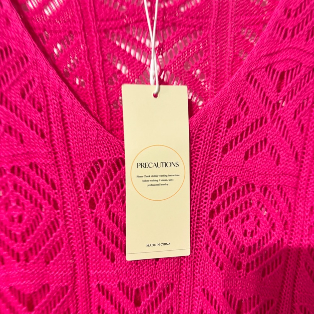 Dokotoo Womens Hot Pink Crochet Knit V-Neck 3/4 Sleeve Relaxed Sweater Large NEW - Picture 4 of 8